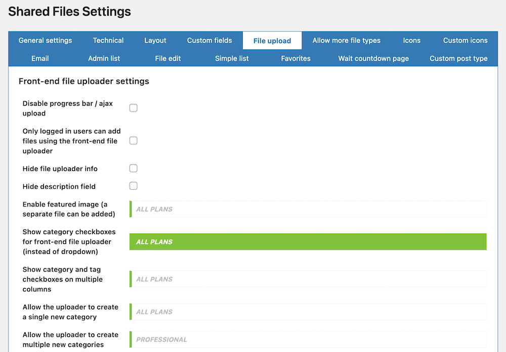 The File upload settings screen.