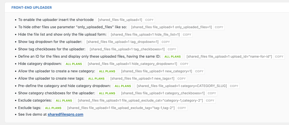 A list of shortcodes for the Shared Files plugin.