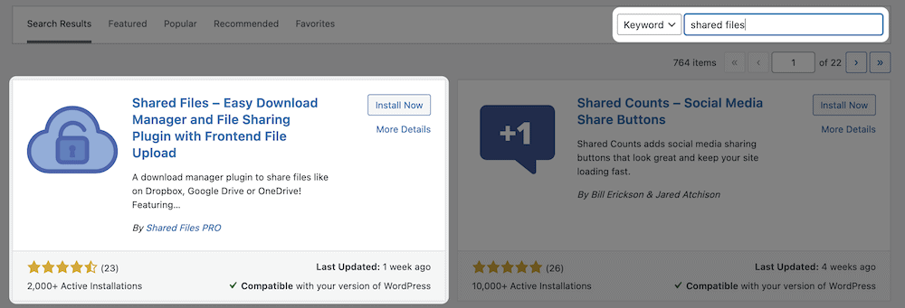 The Shared Files card within the WordPress Plugin Directory.