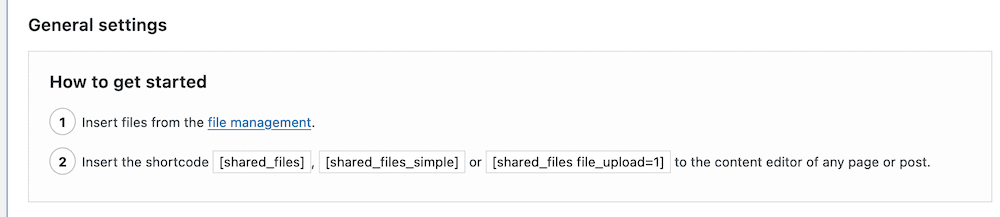 The available shortcodes within Shared Files.