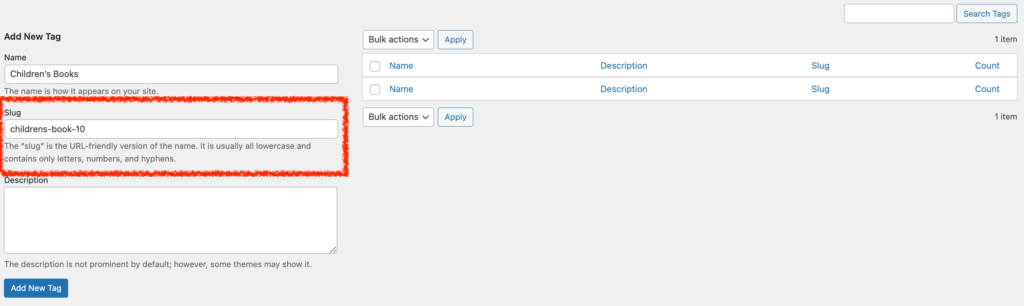 Add New Tag - Slug Section
