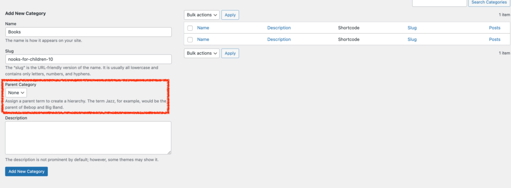 Add New Category - Parent Category Section