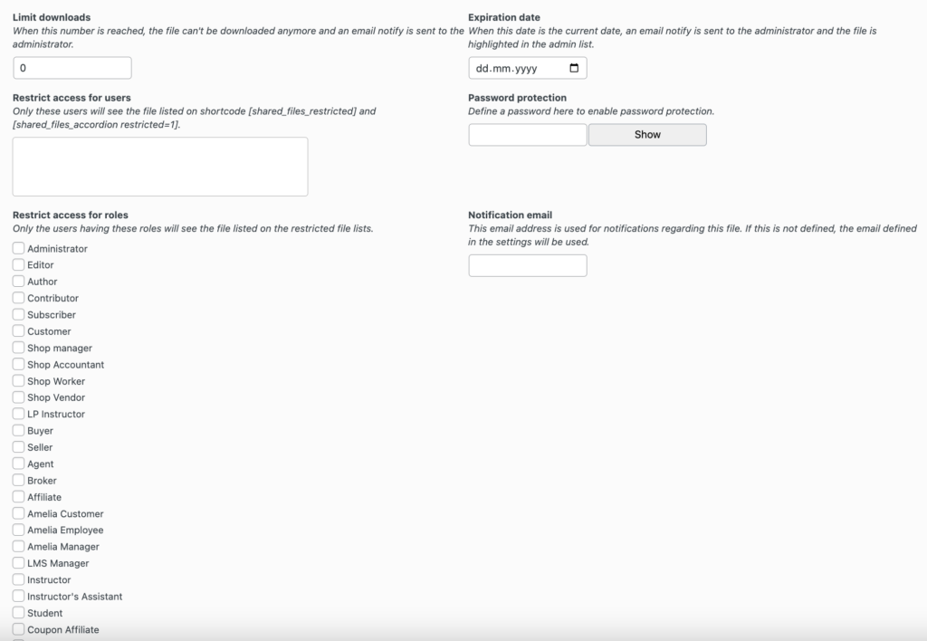 File Sharing Settings with Shared Files Pro Plugin