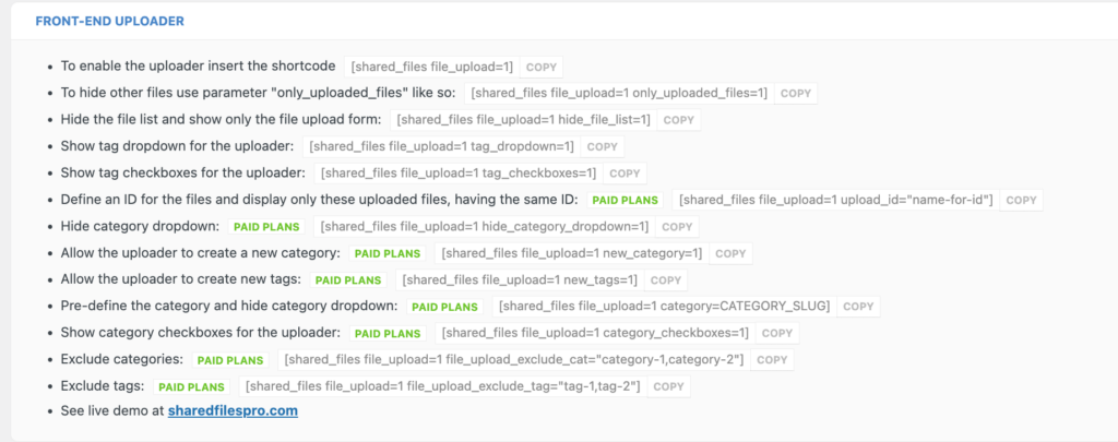 Shared Files Pro Plugins Shortcodes